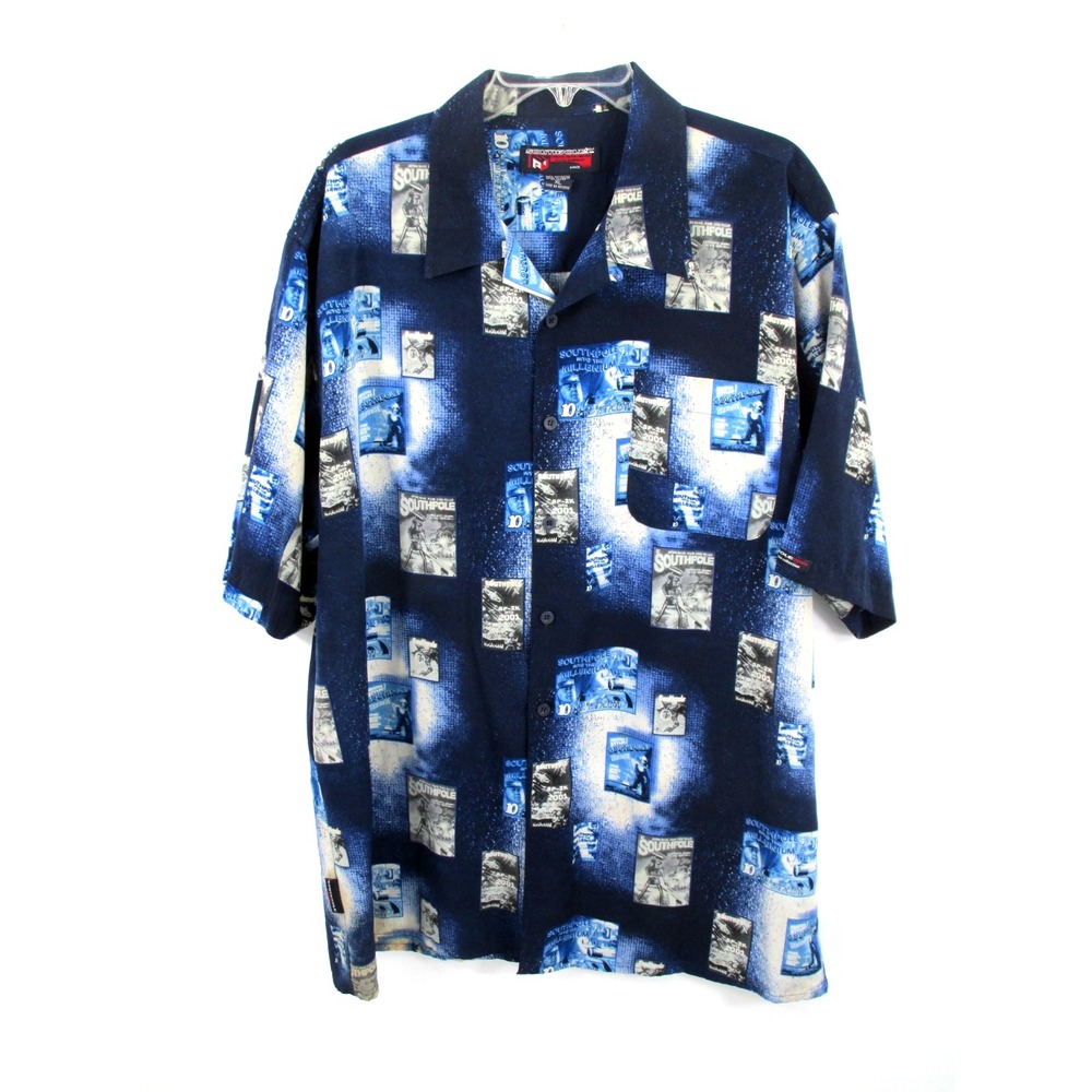 SOUTHPOLE Button Up Shirt Mens XL Blue Outerspace UFO Graphics Retro Y2K Woven